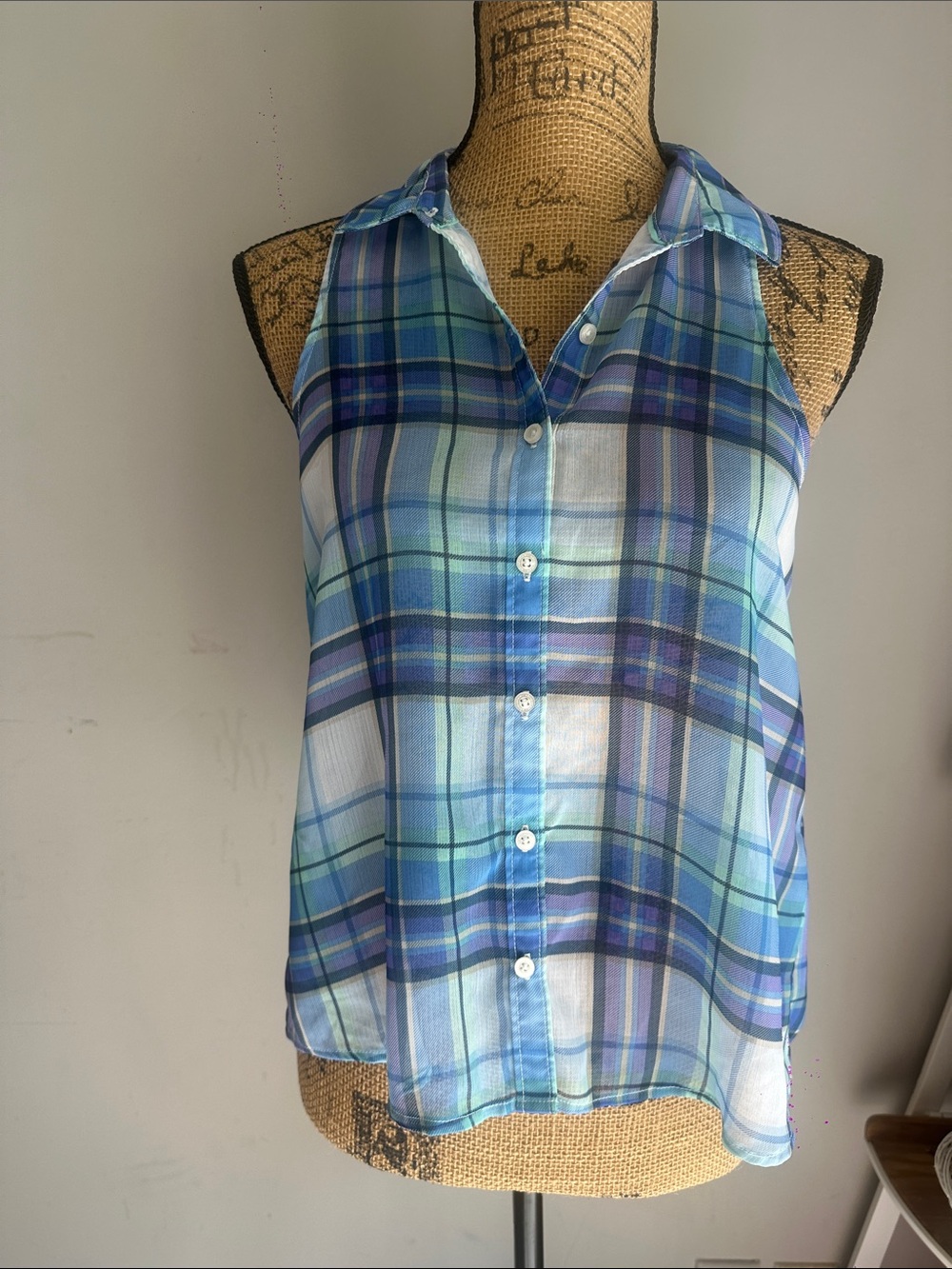 Aeropostale Blue Plaid Sleeveless Button-Up Tank
